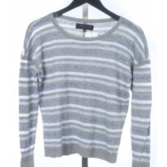 RAG & BONE Pure Linen Slubby Gray/Blue Multi Stripe Spring Weight Sweater- XS - Picture 1 of 7